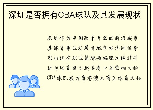 深圳是否拥有CBA球队及其发展现状